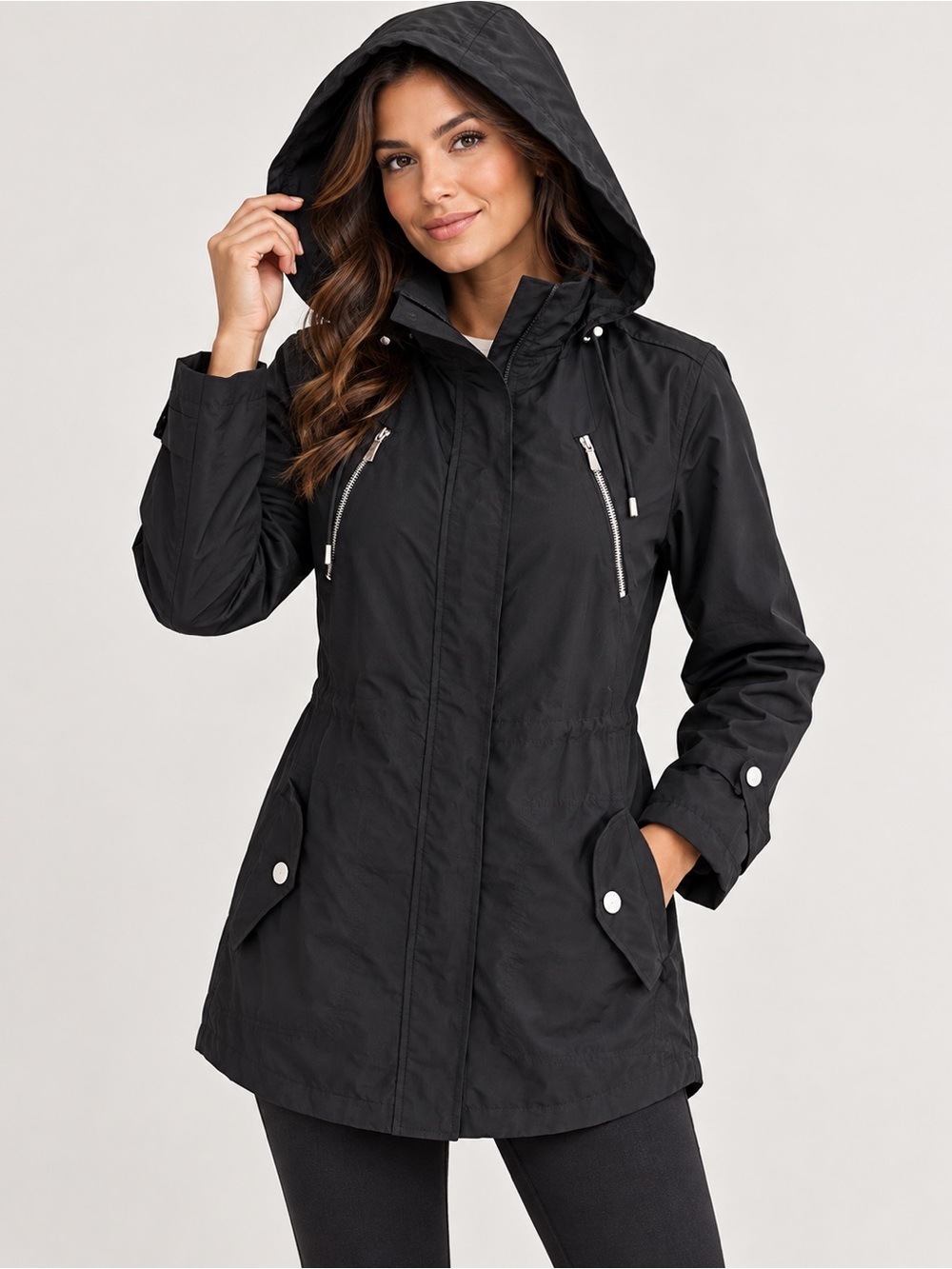 Denver Hayes Women’s Hooded Utility Jacket Removable Hood Adjustable Waist S